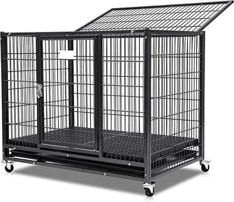 Chó lớn Heavy Duty kim loại Kennel và hộp với bốn bánh xe trong màu đen rắn